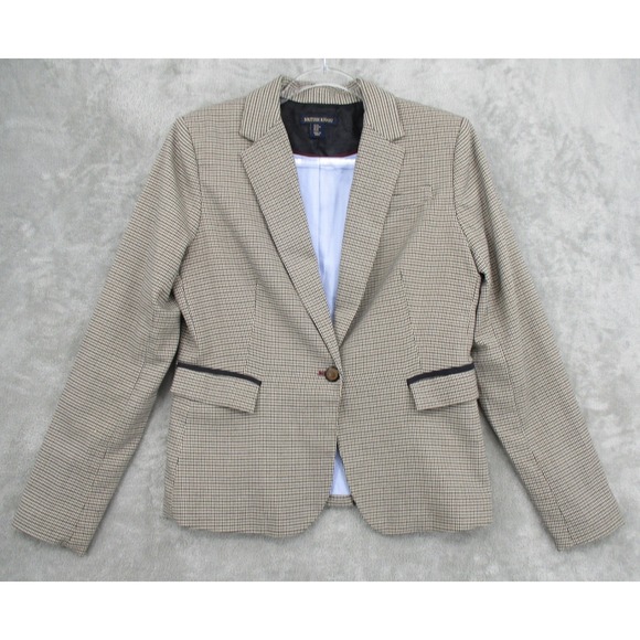 British Khaki Jackets & Blazers - British Khaki Blazer Womens Medium Houndstooth Elbow Patch Academia Preppy Lined